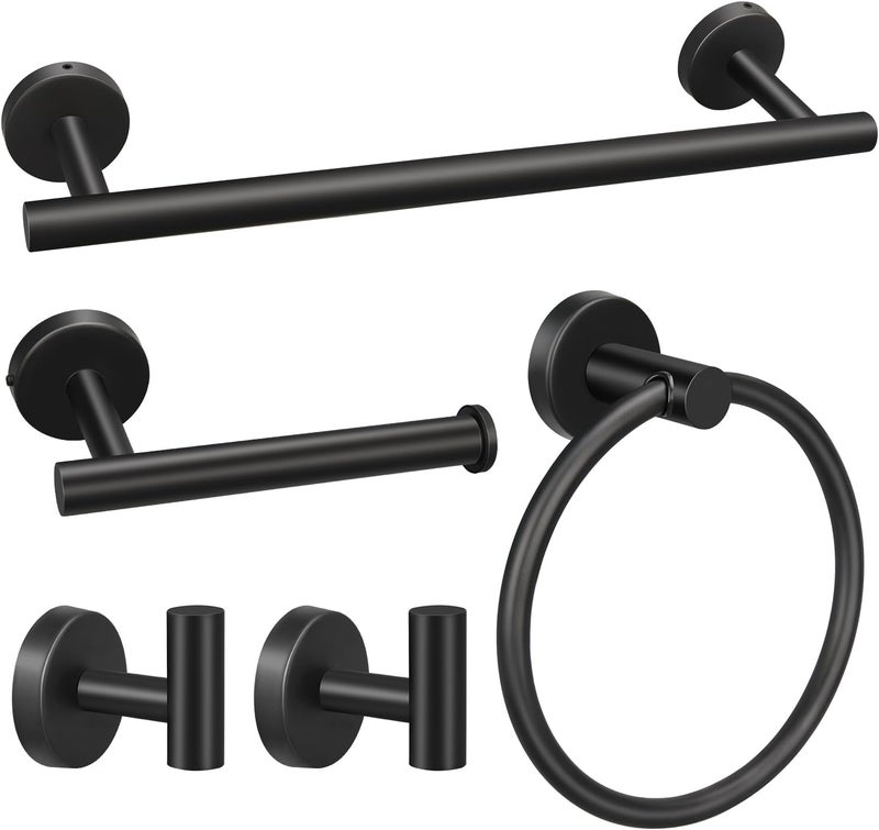 Ruby Q 5pcs Bathroom Hardware Set, Matte Black Bathroom Hardware Set, Including 16" Hand Towel Bars, Toilet Paper Holders, Towel Rings, Robe Towel Hooks - Image 1